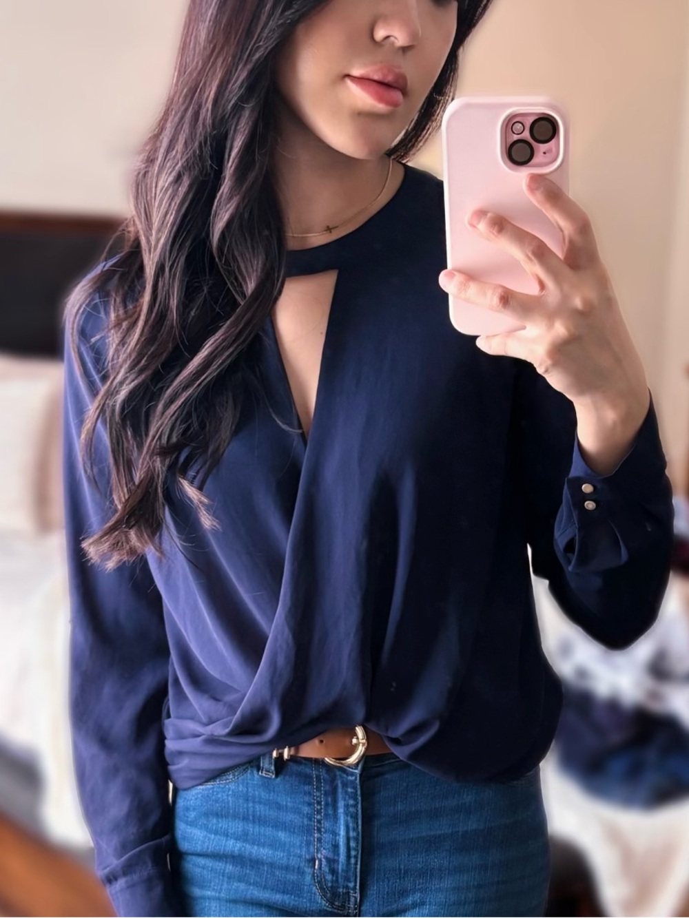 Rae Dunn Navy Wrap-Style Blouse with Long Sleeves - Picture 2 of 2